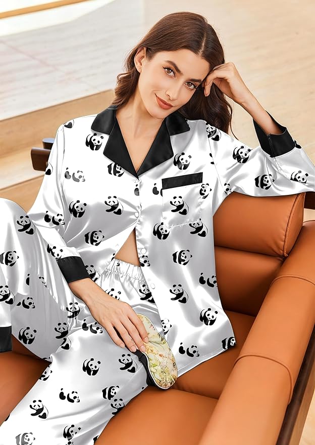 Ekouaer Silk Pajamas for Women Long Sleeve Satin Pajama Set Silky Pj Sets 2 Piece Button Down Loungewear Sleepwear