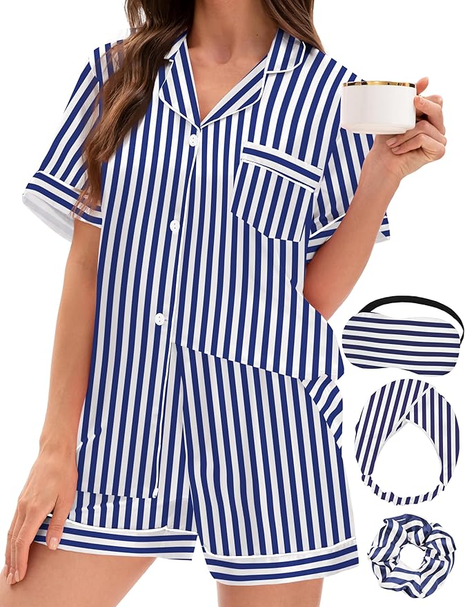 EPLAZA Silk Pajamas for Women Satin Pajamas Set 5 Pcs Long Sleeve Print Pattern Button Down Pjs Sleepwear Loungewear Set