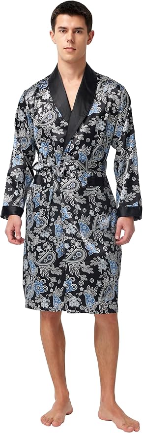 Tony & Candice Men's Satin Robe Lightweight Long Sleeve Silk Kimono Bathrobe with Shorts Set Sleepwear