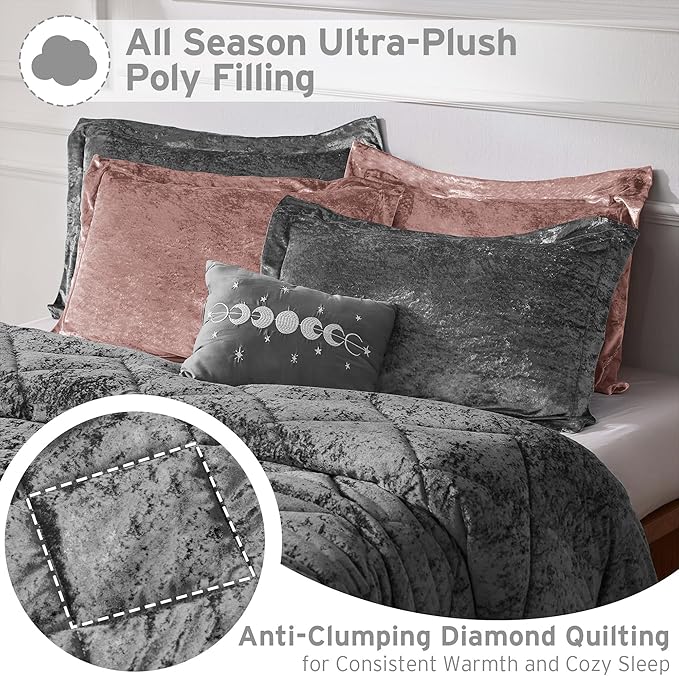 Intelligent Design Twin Comforter Set, Velvet Comforter Set , Luxury Diamond Quilting Comforter Set, Fluffy Comforter Bed Set with Decorative Pillowand 1 Sham, 3 Piece Grey, Twin/Twin XL