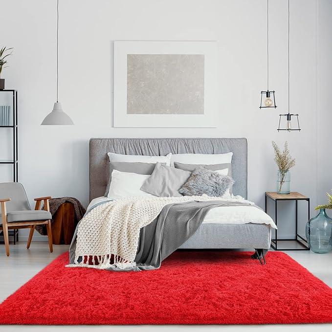 Jelymark Super Soft Shaggy Rug for Bedroom, 5x8 Feet Fluffy Carpet for Living Room, Fuzzy Indoor Plush Area Rug for Home Decor, Furry Floor Rugs for Dorm, Kids Nursery Rug for Girls, Red