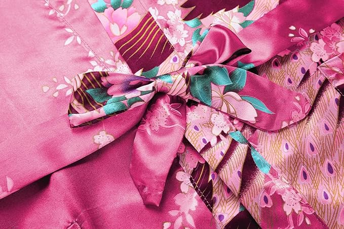 Women's Short Kimono Robes Bride and Bridesmaid Satin Floral Bathrobe Peacock Sleepwear Dressing Gown for Wedding Party