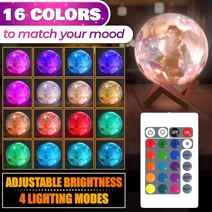 LED Galaxy Lamp 6.7" - 16 Colors, 4 Modes Mesmerizing 3D Moon Lamp with Touch & Remote Control, Wooden Stand, USB Charging - Printed Moon Night Light with Realistic Design | Party in The Dark Decor