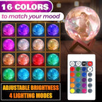 LED Galaxy Lamp 6.7" - 16 Colors, 4 Modes Mesmerizing 3D Moon Lamp with Touch & Remote Control, Wooden Stand, USB Charging - Printed Moon Night Light with Realistic Design | Party in The Dark Decor