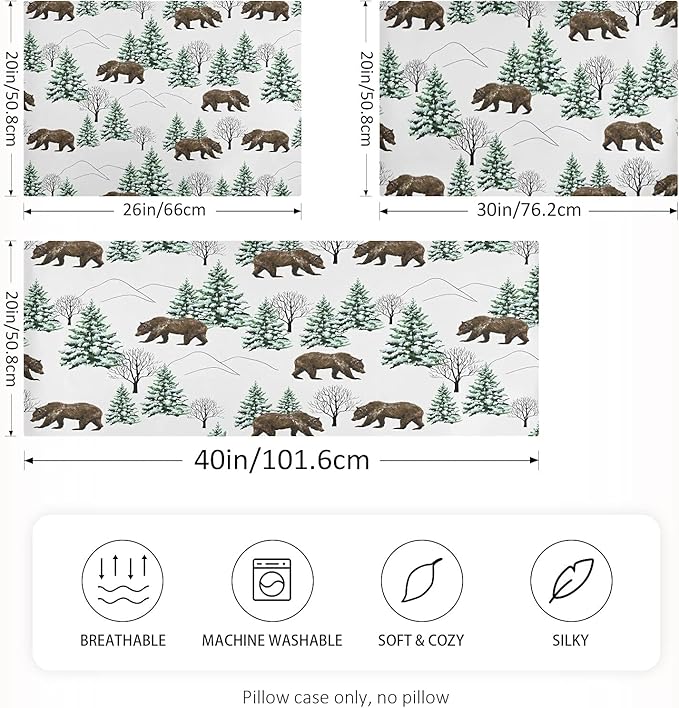 Bear Print Satin Pillowcase Queen Size, Winter Forest Silk Pillow Case with Envelope Closure, Satin Pillowcase for Hair and Skin, 20x30 inches, White, 1 PC