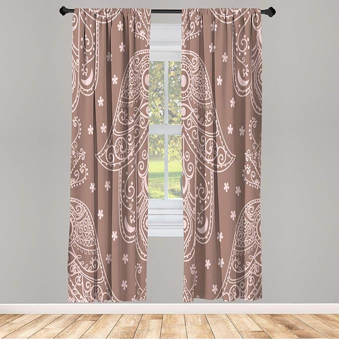 Lunarable Hamsa Window Curtains, Egyptian Boho Hand Shape Pattern Eye Design Bridal Night Inspired Art, Lightweight Decorative 2-Panel Set & Rod Pocket, Pair of - 28" x 63", Warm Taupe