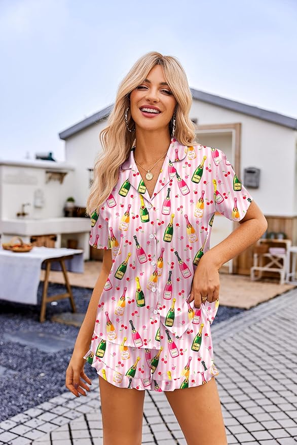 Ekouaer Womens Satin Pajamas Set Button Down 2 Piece Silk Pjs Shorts Set Ruffle Lingerie Notch Collar Sleepwear