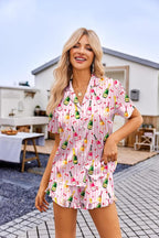Ekouaer Womens Satin Pajamas Set Button Down 2 Piece Silk Pjs Shorts Set Ruffle Lingerie Notch Collar Sleepwear