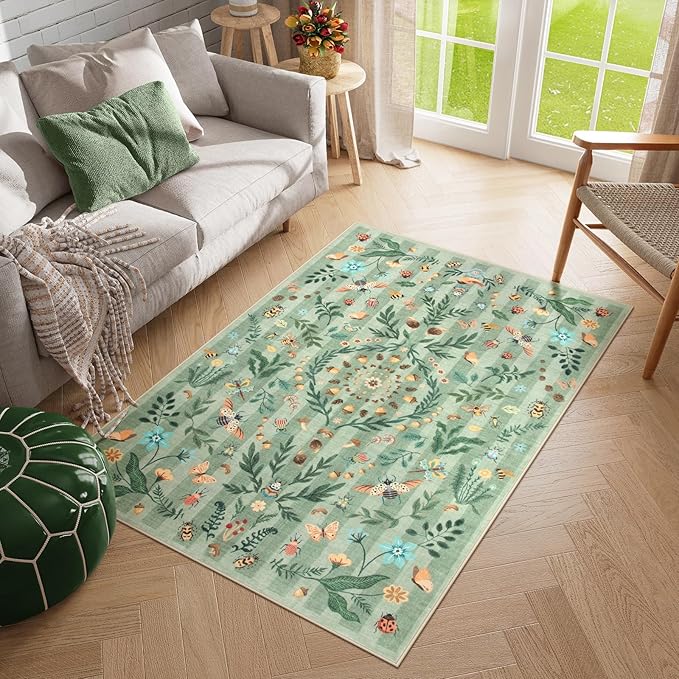 Lahome Chloe Insect Botanical 3x5 Washable Rugs for Entryway Soft Rug for Bedroom, Green Kitchen Rugs Non Slip Washable, Boho Floral Indoor Throw Carpet for Bathroom Laundry Living Room(Green,3x5)