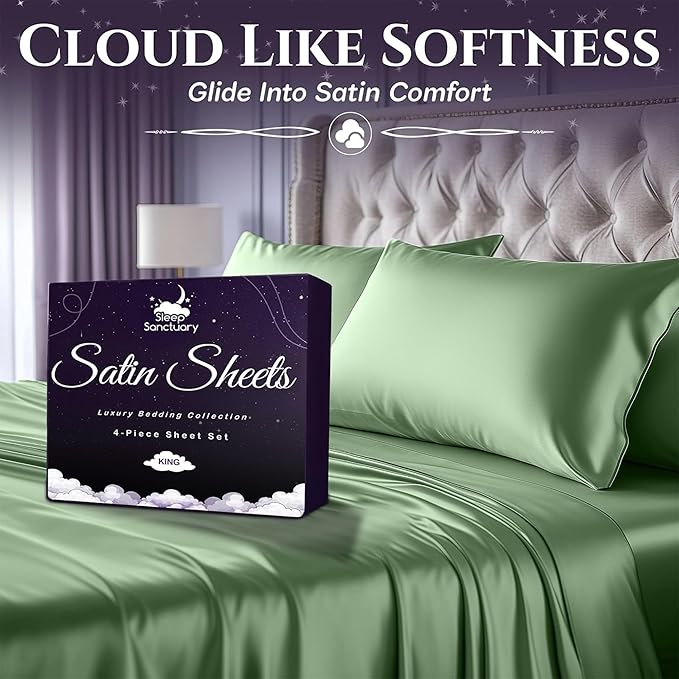 SLEEP SANCTUARY Satin Sheets Full Size – 4 Piece Luxury Silky Bed Set, Softer Than Silk, 15" Deep Pocket, Cooling & Wrinkle-Free, Moisture-Wicking & Breathable for Hair & Skin (Sage Green)