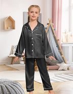 EPLAZA Kids Satin Pajamas Sets Girls Boys Button-Down Silky Pajamas Sleepwear with Hairband Eye Mask Hair Tie