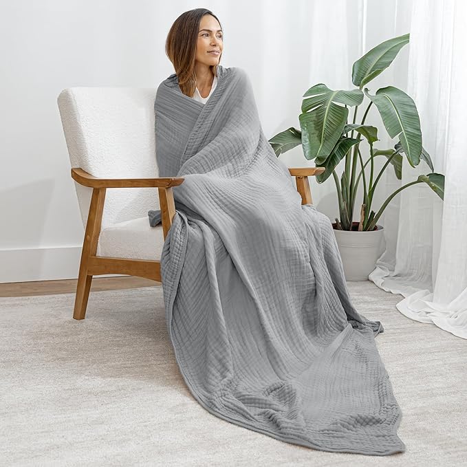 Comfy Cubs Muslin Blanket for Adults Twin 90" x 66" - 6 Layer Soft, Breathable & Lightweight Muslin Adult Blanket - Machine Washable & Designed in The US Bedding for All Seasons - Heather Blue