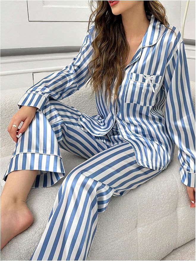 WDIRARA Women's 2 Piece Bowknot Print Satin Pajama Set Long Sleeve Button Down Lounge Pants Sleepwear Sets