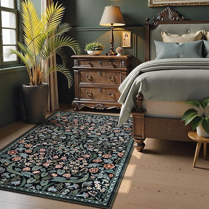 Lahome Claude Floral 3x5 Entryway Rug, Soft Washable Bedroom Area Rugs, Botanical Non-Slip Small Black Carpet for Bedside, Entrance, Dorm, Nursery, Living Room