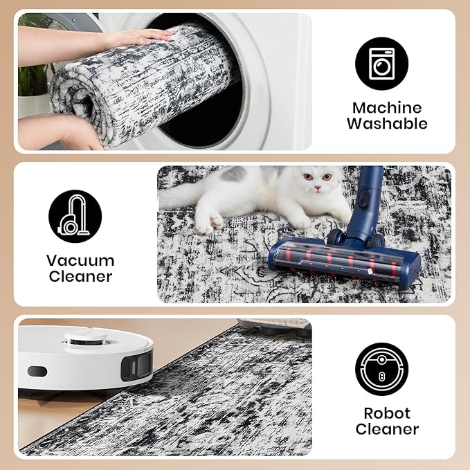 CRYPTOLITE Area Rugs for Living Room, 5x7 Washable Vintage Faux Wool Throw Bedroom Rug, Low Pile & Non-Slip Indoor Floor Carpet for Dining Room, Home Office, Kids Room, Bedside (Dark Grey)