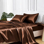 MR&HM Satin Bed Sheets, Full Size Sheets Set, 4 Pcs Silky Bedding Set with 15 Inches Deep Pocket for Mattress (Full, Brown)