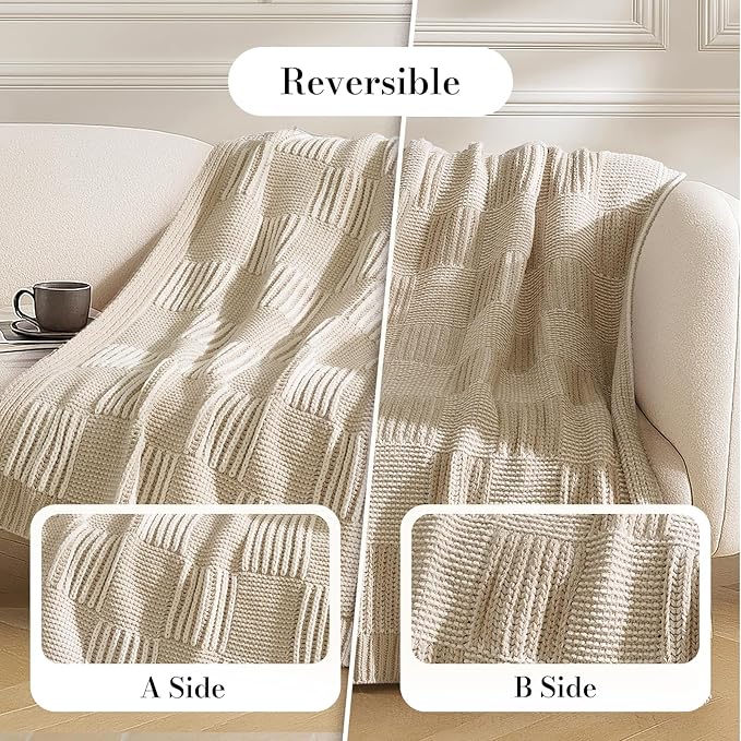 Amélie Home Knit Throw Blanket, Soft Chenille Cozy Breathable Pineapple Chunky Decorative Blanket for Couch, Bed & Sofa, French-Inspired Lightweight Warm Gift for Women, Beige, 60"x80"