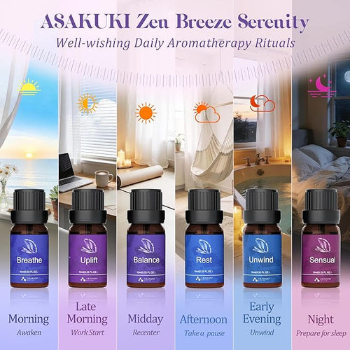 ASAKUKI Essential Oils for Diffuser –6 Mood Essential Oil Blends (Breathe, Uplift, Sensual, Balance, Unwind, Rest) for Morning to Night Rituals, Home & Daily Use- Gifts for Mom