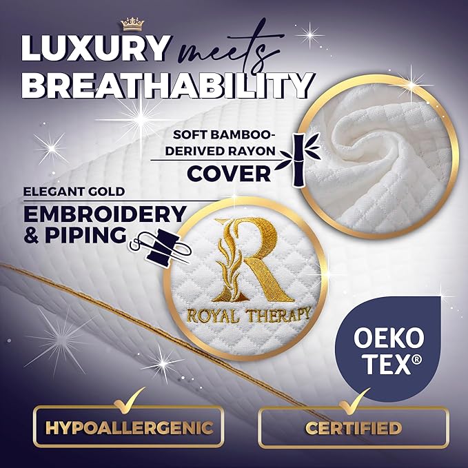 Royal Therapy Queen Memory Foam Pillow–Shredded Memory Foam Pillow for All Sleep Positions–Medium Firm Adjustable Loft–Breathable Bed Pillow with Bamboo Rayon Cover–CertiPUR-US & Oeko-TEX Certified