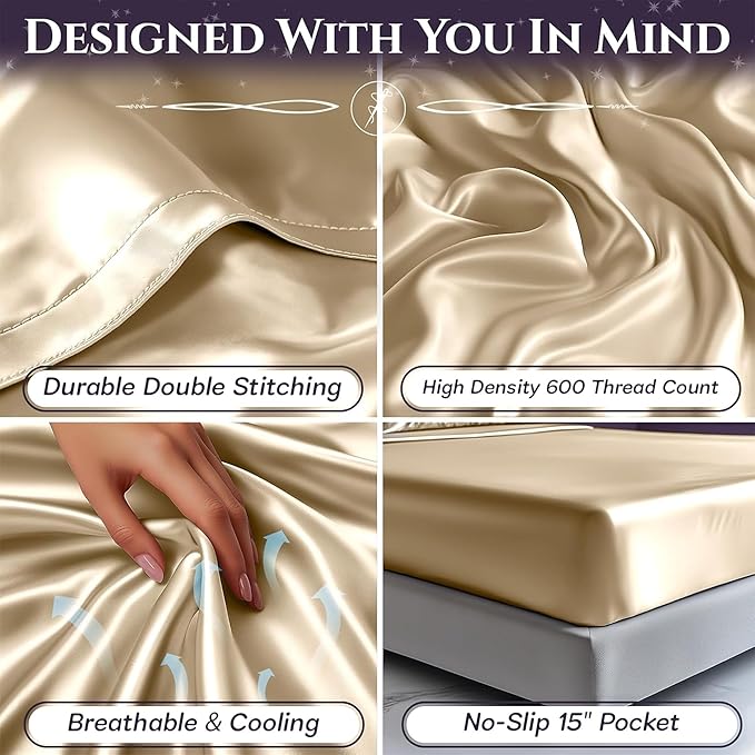 SLEEP SANCTUARY Satin Sheets King Size – 4 Piece Luxury Silky Bed Set, Softer Than Silk, 15" Deep Pocket, Cooling & Wrinkle-Free, Moisture-Wicking & Breathable for Hair & Skin (Ivory)
