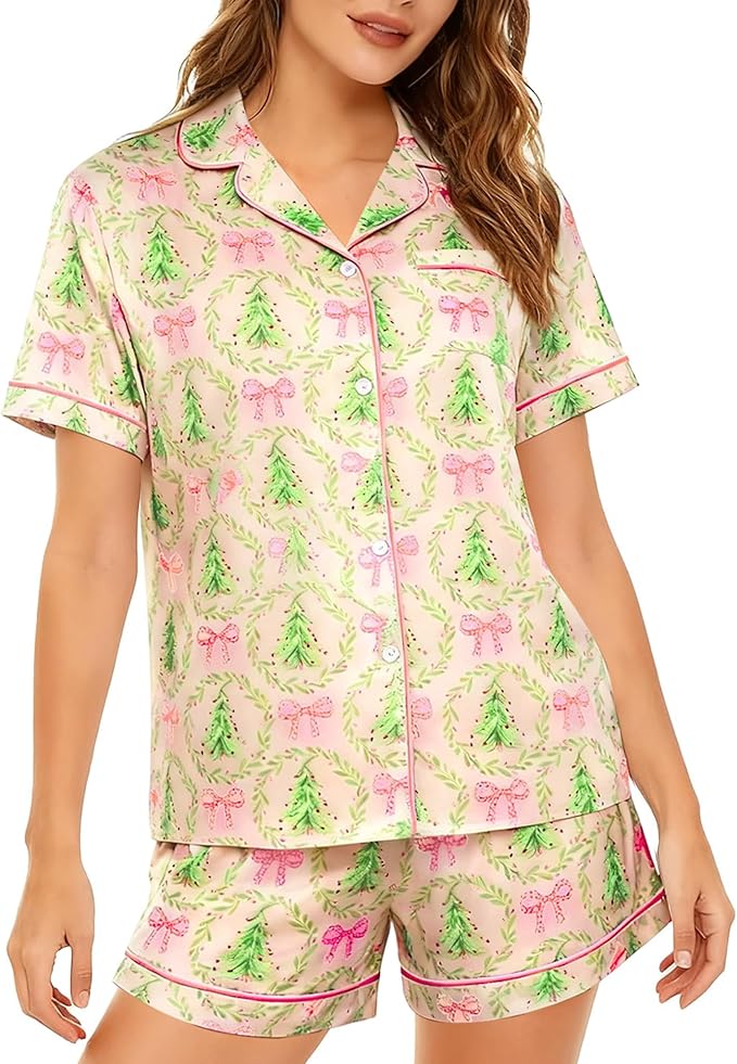 ASTANFY Silk Satin Pajama Set Womens Silk Satin 2 Piece Pjs Shorts Sleepwear Christmas Button Down Shirt Bride Pj Lounge Sets