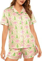 ASTANFY Silk Satin Pajama Set Womens Silk Satin 2 Piece Pjs Shorts Sleepwear Christmas Button Down Shirt Bride Pj Lounge Sets