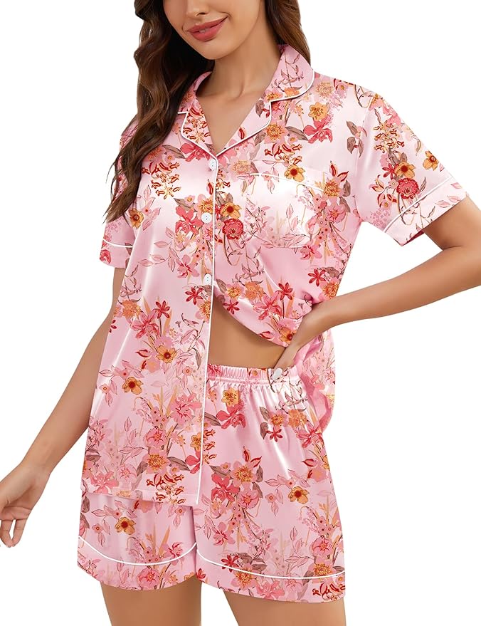 SWOMOG Womens Silk Satin Pajamas Set Short Sleeve Sleepwear Button Down Top and Shorts Loungewear 2 Piece Pjs Set XS-3XL