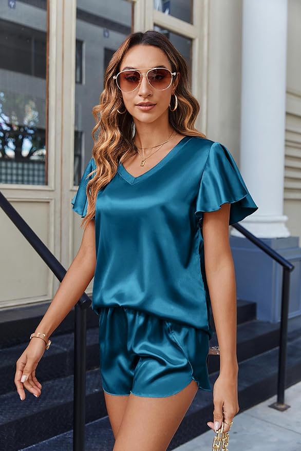 Ekouaer Women Satin Pajamas Set Ruffle Sleeves Silk Pj Set Soft V Neck Sleepwear Loungewear