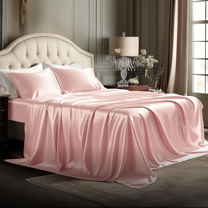 Bedsure Pink Satin Sheets King Size - 4 Piece Silky Bedsheets with 15 Inches Deep Pocket Fitted Bedsheet,1 Flat Sheet, 2 Satin Pillowcases, Good for Hair & Skin (King, Peach Pink)