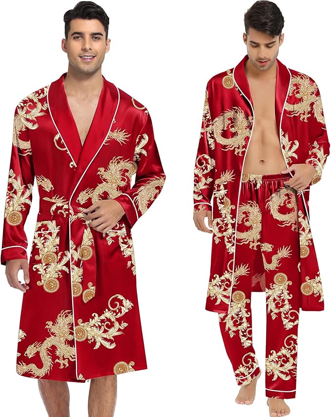 SWOMOG Men's Satin Robe 3 Pcs Silky Kimono Bathrobe Set Lightweight Soft Loungewear Nightwear