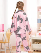 EPLAZA Kids Satin Pajamas Sets Girls Boys Button-Down Silky Pajamas Sleepwear with Hairband Eye Mask Hair Tie