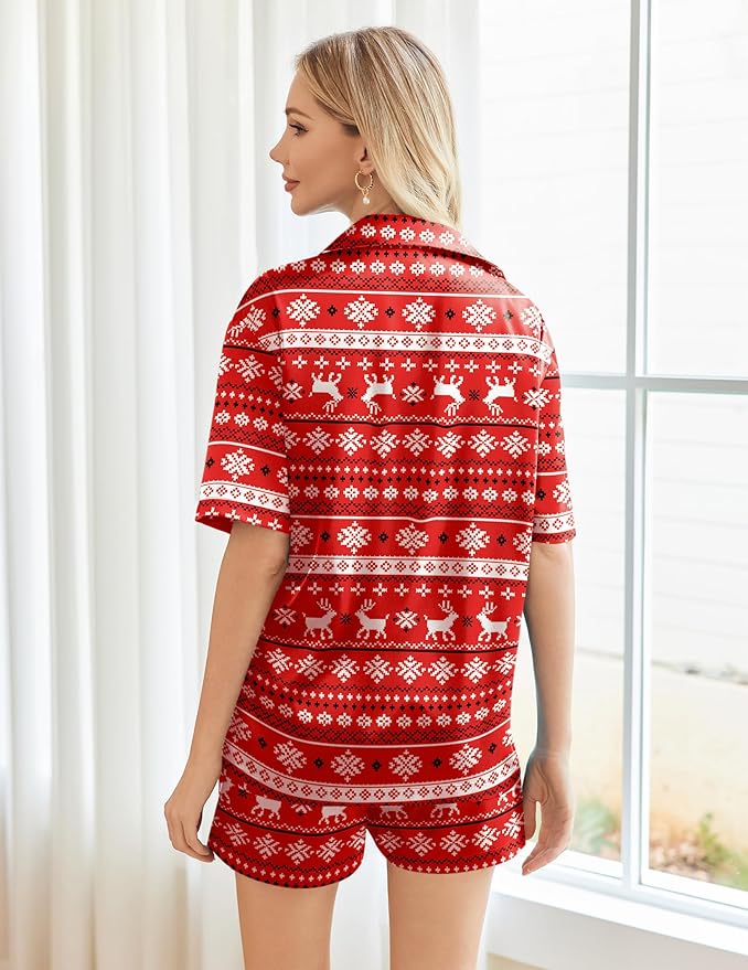 Ekouaer Pajamas for Women Silk Satin Pjs Soft Sleepwear Short Sleeve Button Down Pjs Top and Shorts 2 Piece Lounge Set S-XXL
