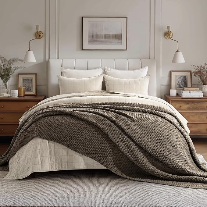 EVERGRACEHOME Chunky Chenille Knit Throw Blanket for Couch, Soft Luxurious Oversized King Moss Stitch Blanket for Bed, Large Cozy Farmhouse Knitted Throw for Sofa, Mocha Brown, 92" x 108"