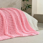 Chunky Knit Blanket Throw 50x60 Inches,Handmade Cable Knit Crochet Blanket,Cozy Lightweight All Season,Wrinkle-Resistant Polyester for Couch Bed Sofa Reading Nook, Beige,Pink