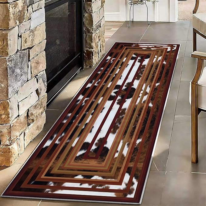 Country Farmhouse Faux Cowhide Rug, 2x7ft,Aztec Decor Western Rugs for Living Room,Southwestern Native American Tribal Washable Runner Rug,for Bedroom, Indoor Entrance, Kitchen Carpet