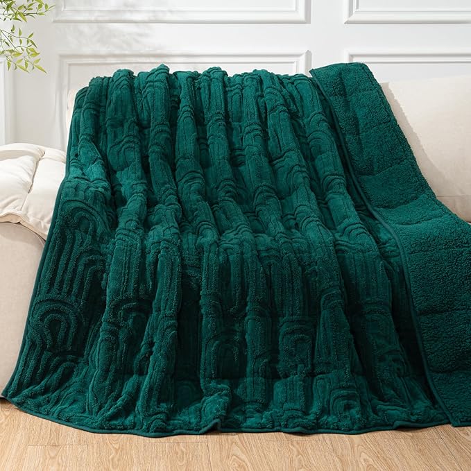 Cottonblue Jacquard Weighted Blanket for Adults 20 lbs Queen Size, Cozy Fluffy Sherpa Fleece Weighted Throw Blankets 60" x 80" for Sleep Relax, Fuzzy Warm Arch Heavy Blanket Soft for Bed Couch, Green