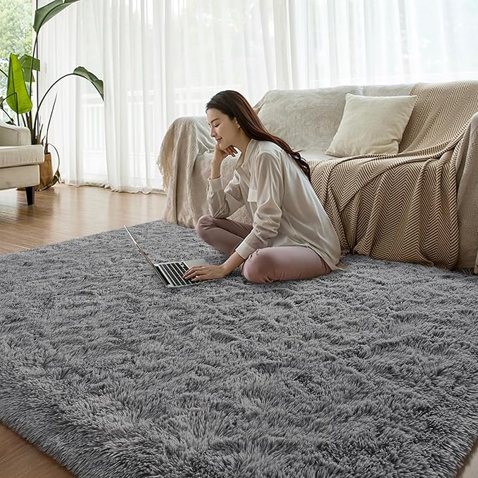 Grey Runner Area Rugs for Bedroom Living Room, 2x6 Feet Fluffy Bedside Rugs, Soft Shaggy Carpet Rug for Kids Room Nursery, Furry Cute Rugs for Girls Boys Dorm Room Home Decor