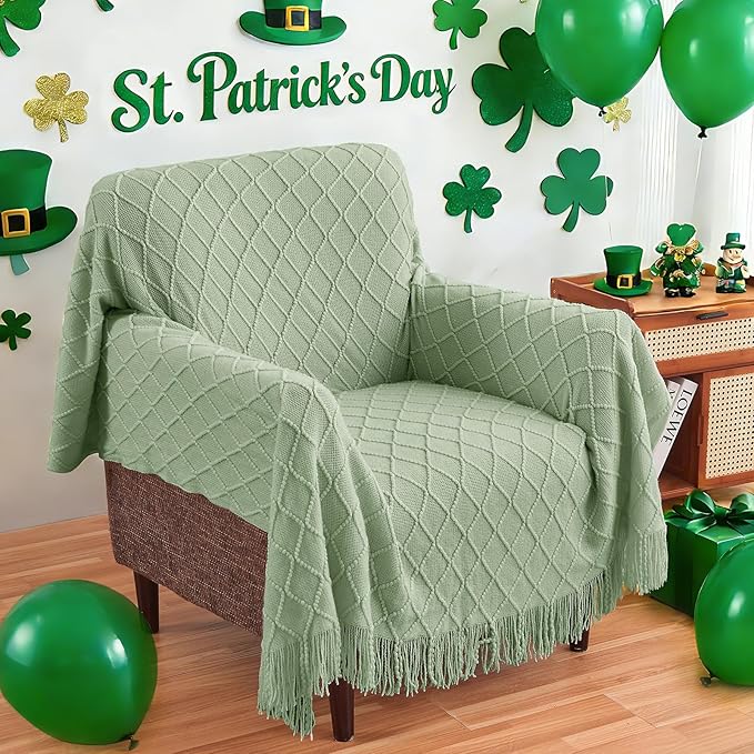 inhand Basil Green Knitted Throw Blanket for Couch and Bed, St. Patrick’s Day Lucky Spring Gifts Throw for Her or Him, Soft Farmhouse Woven Blanket with Tassel, Lightweight Decorative, 60"x80"