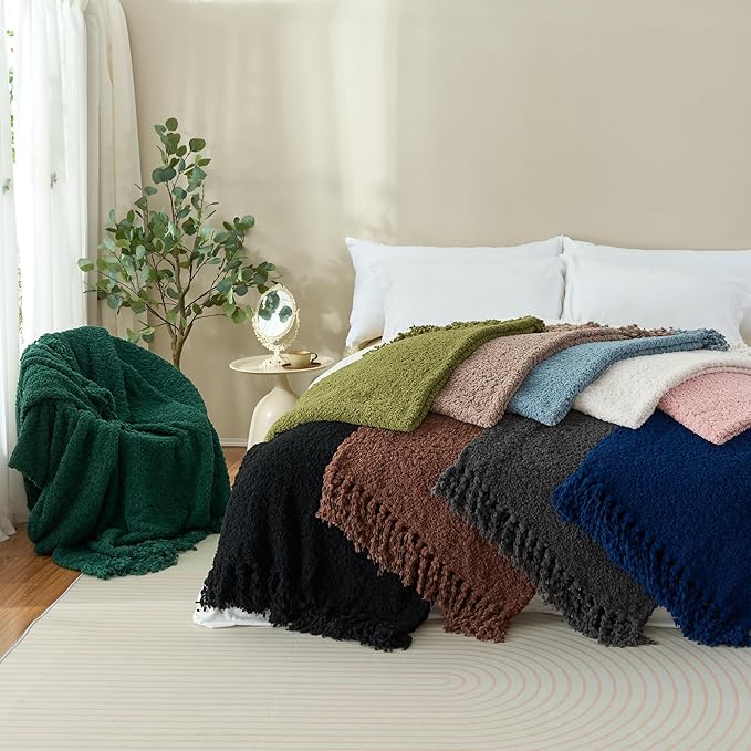 Throw Blanket for Couch, Dark Green Luxury Knitted Throws 50"x60", Textured Blankets with Handmade Fringe Tassels for Bed Sofa Decorative, Chunky Soft Farmhouse Boho Home Decor