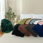 Throw Blanket for Couch, Olive Green Luxury Knitted Throws 60"x80", Textured Blankets with Handmade Fringe Tassels for Bed Sofa Decorative, Chunky Soft Farmhouse Boho Home Decor