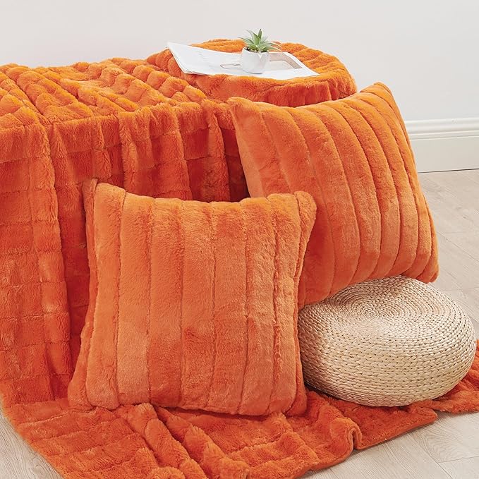 Striped Throw Blanket and Pillow Covers Set (No Inserts) for Couch and Bed, Plush Warm Lightweight Fuzzy Faux Fur Blanket for All Seasons (50" x 60", Burnt Orange)