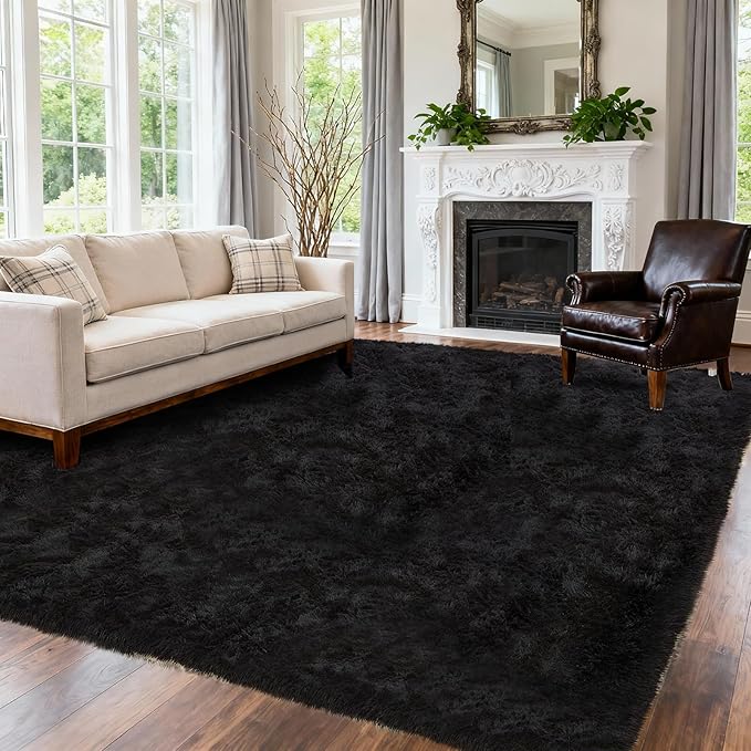 Large Shag Area Rugs 5x7 for Living Room, Ultra Soft Fluffy Black Rugs for Bedroom, Shaggy Living Room Rug, Plush Fuzzy Bedside Rug, Floor Carpets for Kids Dorms Room Home Decor, Upgrade Anti-Skid