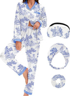 EPLAZA Silk Pajamas for Women Satin Pajamas Set 5 Pcs Long Sleeve Print Pattern Button Down Pjs Sleepwear Loungewear Set