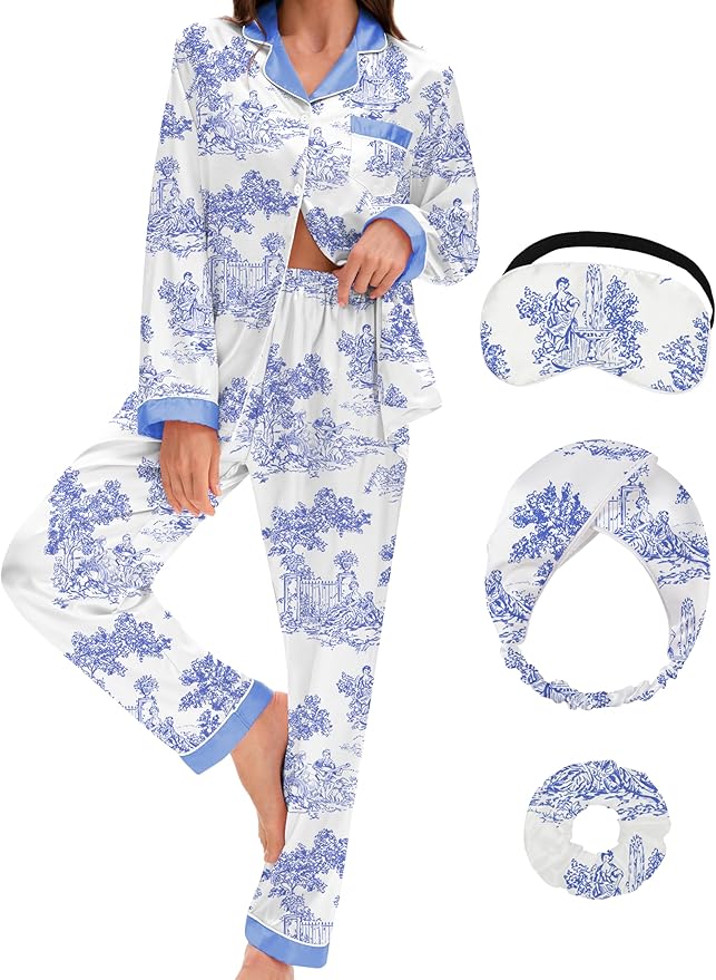 EPLAZA Silk Pajamas for Women Satin Pajamas Set 5 Pcs Long Sleeve Print Pattern Button Down Pjs Sleepwear Loungewear Set