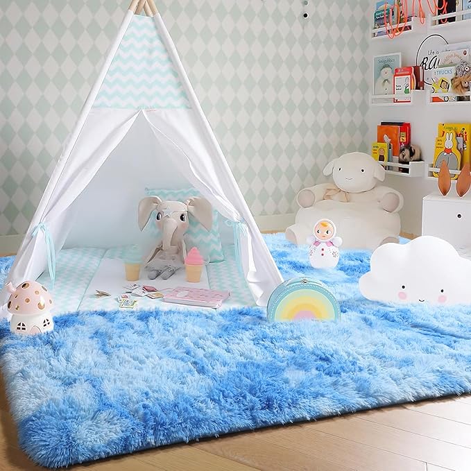 Amdrebio Tie-Dyed Light Blue Area Rugs for Girls Boys Bedroom, Soft Cute Fluffy Stitch Rug 4x6 for Baby Kids Room Decor, Plush Shaggy Fuzzy Furry Carpet for Nursery Playroom Classroom Dorm Office