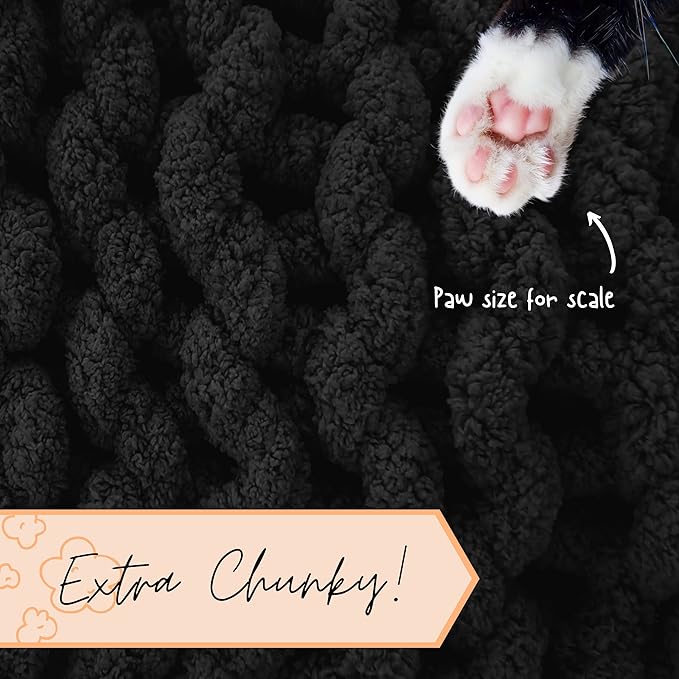 Adyrescia Chunky Knit Blanket Throw | 100% Hand Knit with Jumbo Chenille Yarn (40"x50", Raven Black)