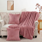 Striped Throw Blanket and Pillow Covers Set (No Inserts) for Couch and Bed, Plush Warm Lightweight Fuzzy Faux Fur Blanket for All Seasons (60" x 80", Dusty Rose)