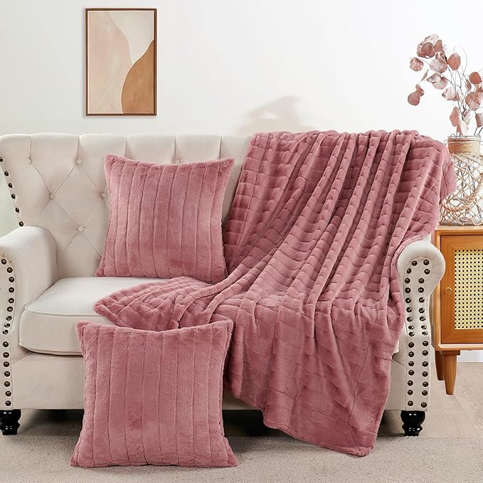 Striped Throw Blanket and Pillow Covers Set (No Inserts) for Couch and Bed, Plush Warm Lightweight Fuzzy Faux Fur Blanket for All Seasons (60" x 80", Dusty Rose)