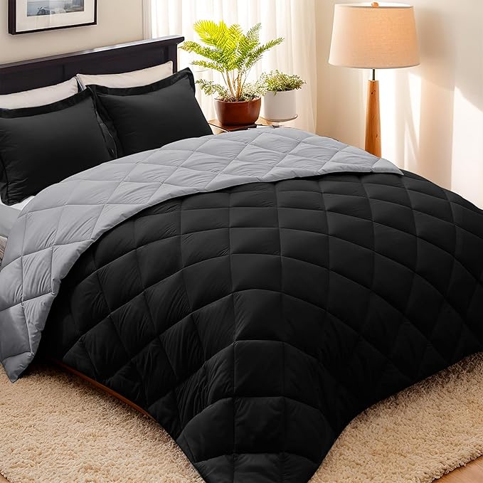 HIG 3pc Black Full Size Comforter Set - All Season Reversible Down Alternative Comforter with Two Shams - Quilted Duvet Insert with Corner Tabs - Box Stitched Blanket - Breathable, Soft, Fluffy