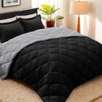 HIG 3pc Black Full Size Comforter Set - All Season Reversible Down Alternative Comforter with Two Shams - Quilted Duvet Insert with Corner Tabs - Box Stitched Blanket - Breathable, Soft, Fluffy